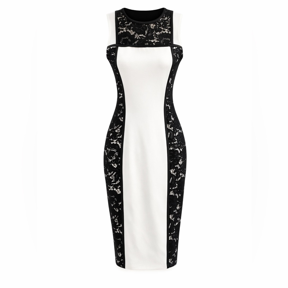 Calvin Klein Black White Lace Faux Leather Panel Sheath Dress Size 2